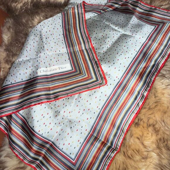 Christian Dior Vintage Silk Scarf — Red Trim Geometric Print Stripes Polkadot — - Picture 3 of 13